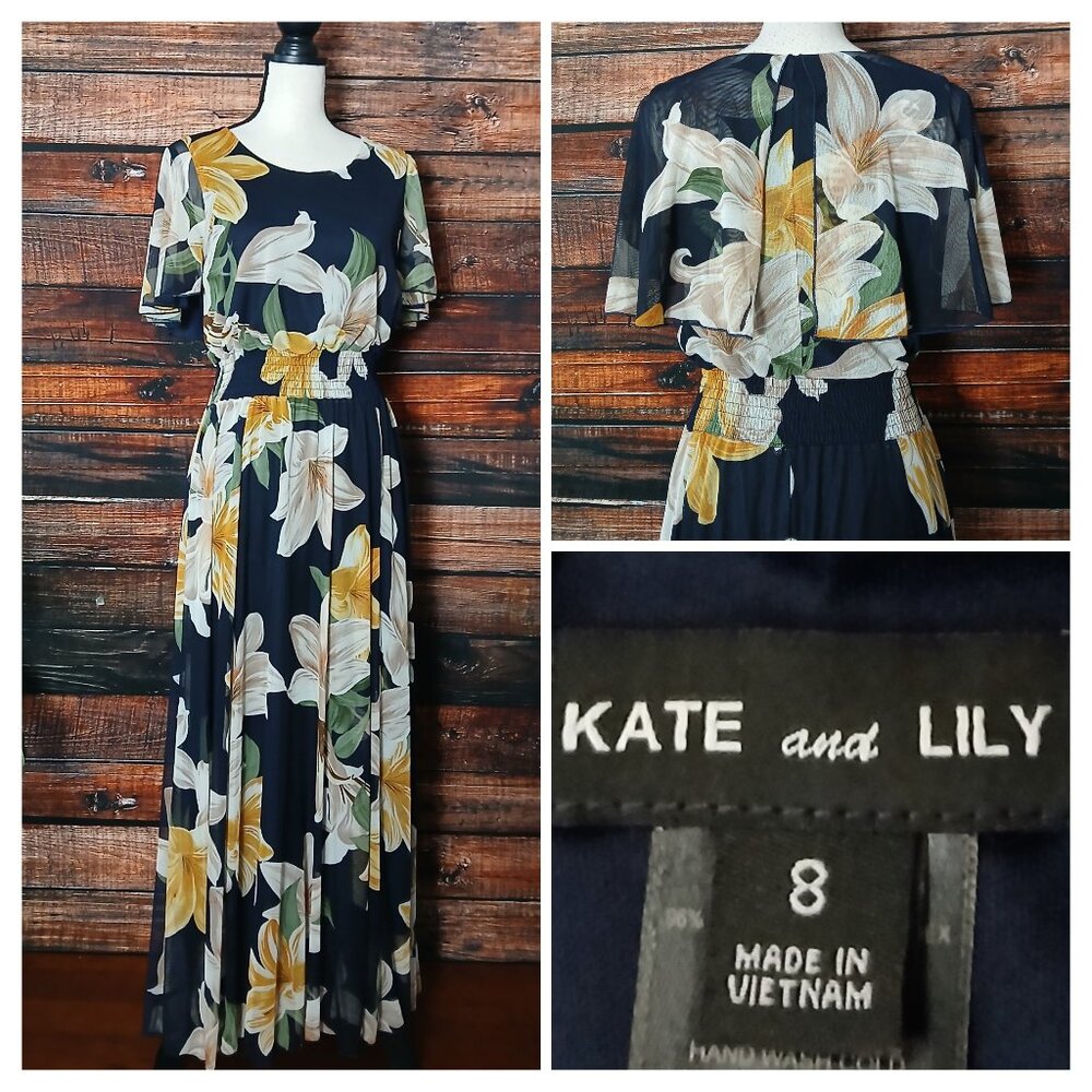 Kate and Lily Maxi Dress 8 Smocked Waist Shawl Sleeve Navy Blue Floral